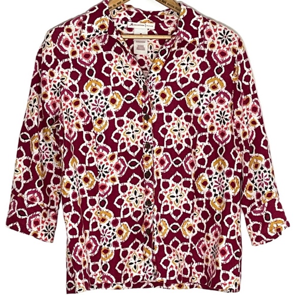 JM Collection 100% Linen Shirt sz 8P Vibrant Batik Print Summer Colorful Breezy - Picture 1 of 9